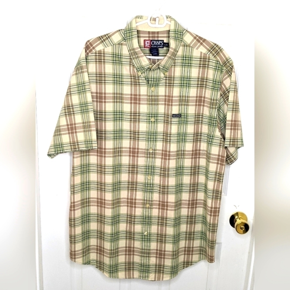Chaps by Ralph Lauren Men's Button-Up Short Sleeved Plaid Shirt Size Large EUC